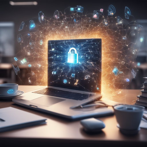 A laptop sits on a table next to books and coffees. In the center of the laptop screen is a glowing blue lock intricately connected to many other glowing blue symbols that extend into the space surrounding the laptop.