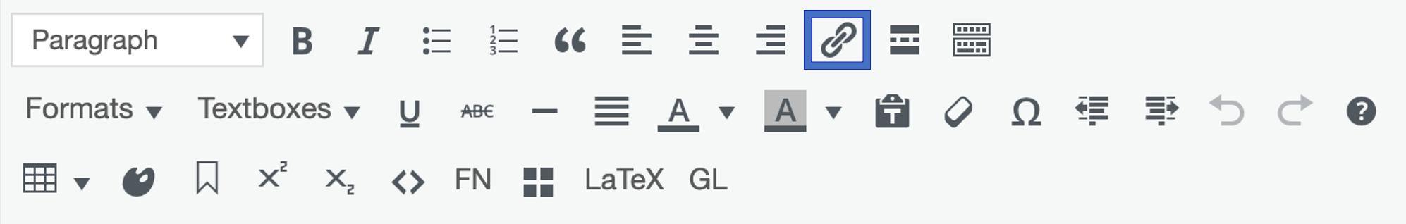 A screenshot showing the Pressbooks editor toolbar, with the "Link" button highlighted.