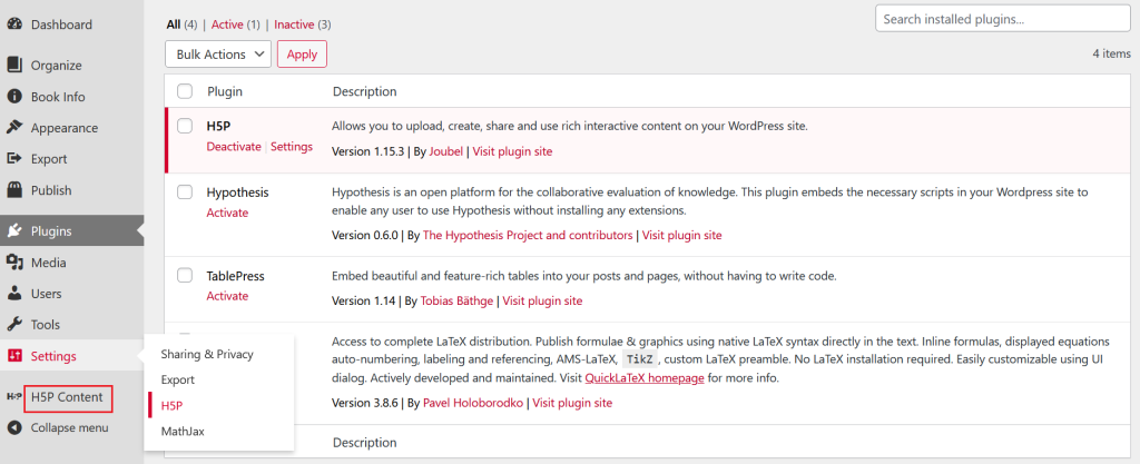 Screenshot of the Pressbooks Dashboard showing the "H5P Content" tab and screen, and the "H5P" link found under the "Settings" tab.
