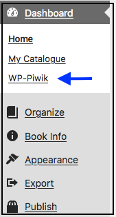 Screenshot of the Pressbooks Dashboard showing where to access "WP-Piwik".