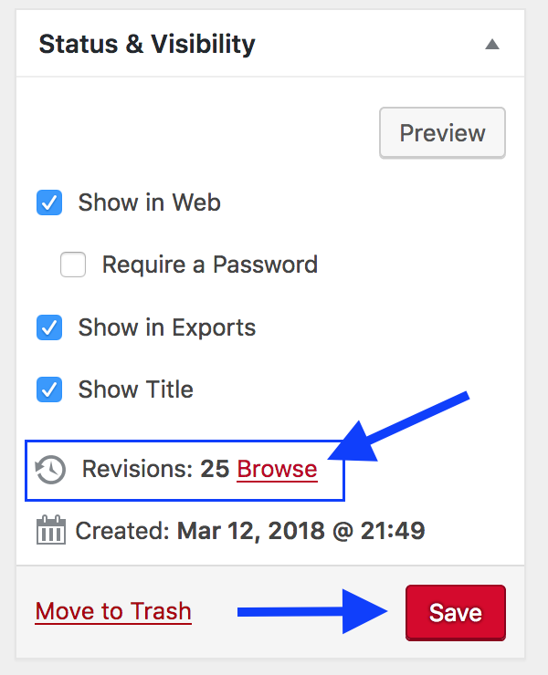 A screenshot of the Pressbooks editor showing the "Status & Visibility" box, with arrows pointing where to access past "Revisions" and the button to "Save" edits.