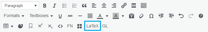 A screenshot showing the Pressbooks editor toolbar, with the "LaTeX" button highlighted.
