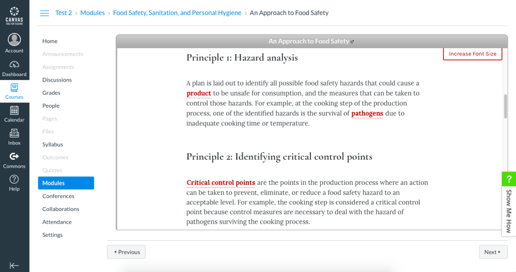 Screenshot of a Canvas course showing a Pressbooks book chapter embedded within the Canvas course shell.