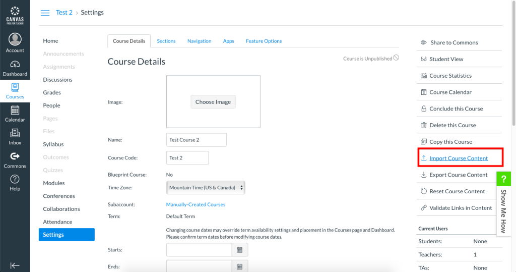 Screenshot of a Canvas course under the "Settings" area, showing where to find "Import Course Content".