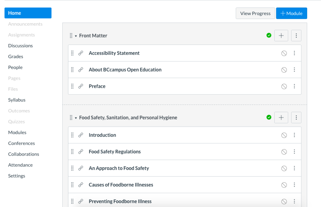 Screenshot of a Canvas course shell showing how the book is populated in the course shell.