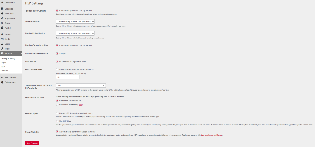 Screenshot of the Pressbooks Dashboard showing the "Settings > "H5P" screen.