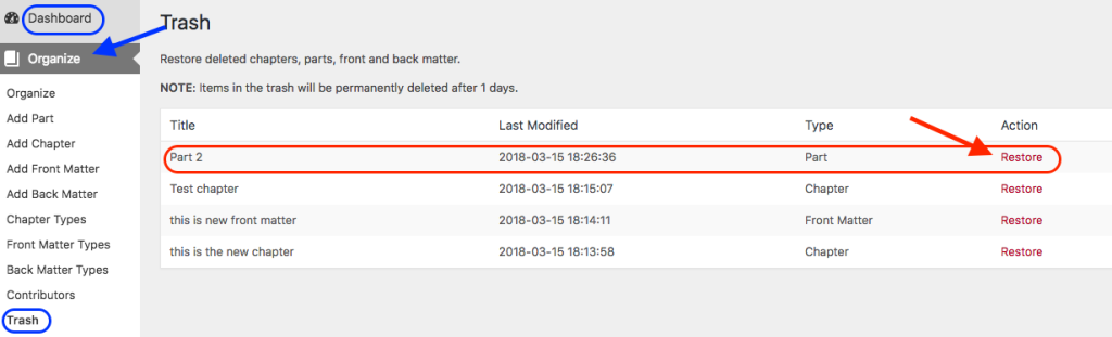 Screenshot of the Pressbooks Dashboard showing how to navigate to the "Organize" > "Trash" screen, where you can find deleted parts and chapters and the option to "Restore" them.