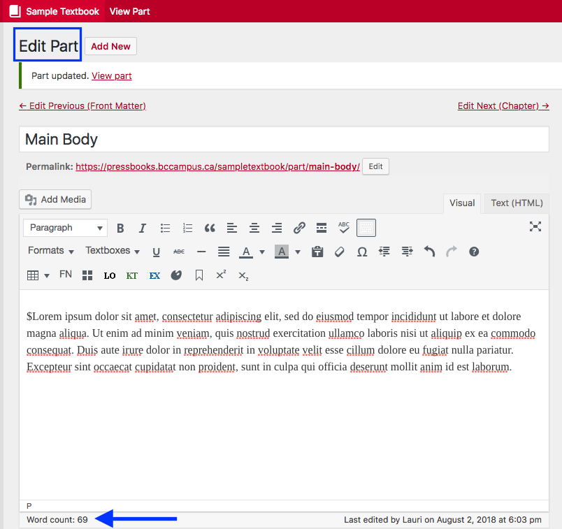 Screenshot of the Pressbooks editor, showing where the "Word count" can be found.