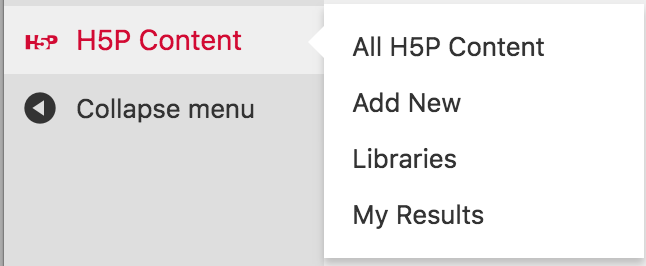 Screenshot of the Pressbooks Dashboard showing the "H5P Content" tab in more detail, including where to access "All H5P Content", "Add New", "Libraries", and "My Results".
