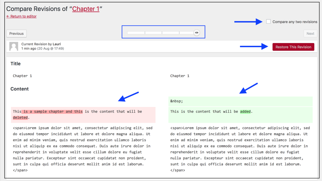 A screenshot of the Pressbooks "Compare Revisions" page, with highlights showing how to toggle on the "Compare any two revisions" option, selector to move through previous versions, comparison of a previous version with the current version, and the button to "Restore This Revision."