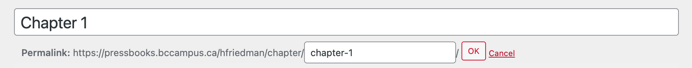 Screenshot of the Pressbooks editor, showing where the "Permalink" URL can be edited.