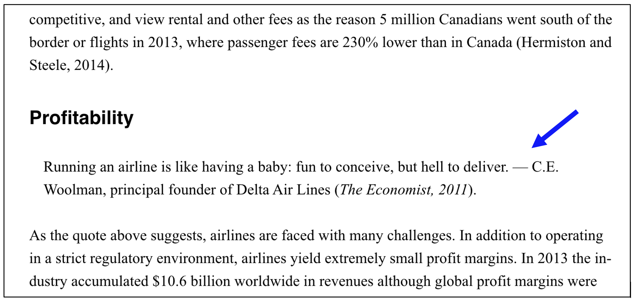 A screenshot showing the Pressbooks content when published, with a section of text stylized as a Blockquote.