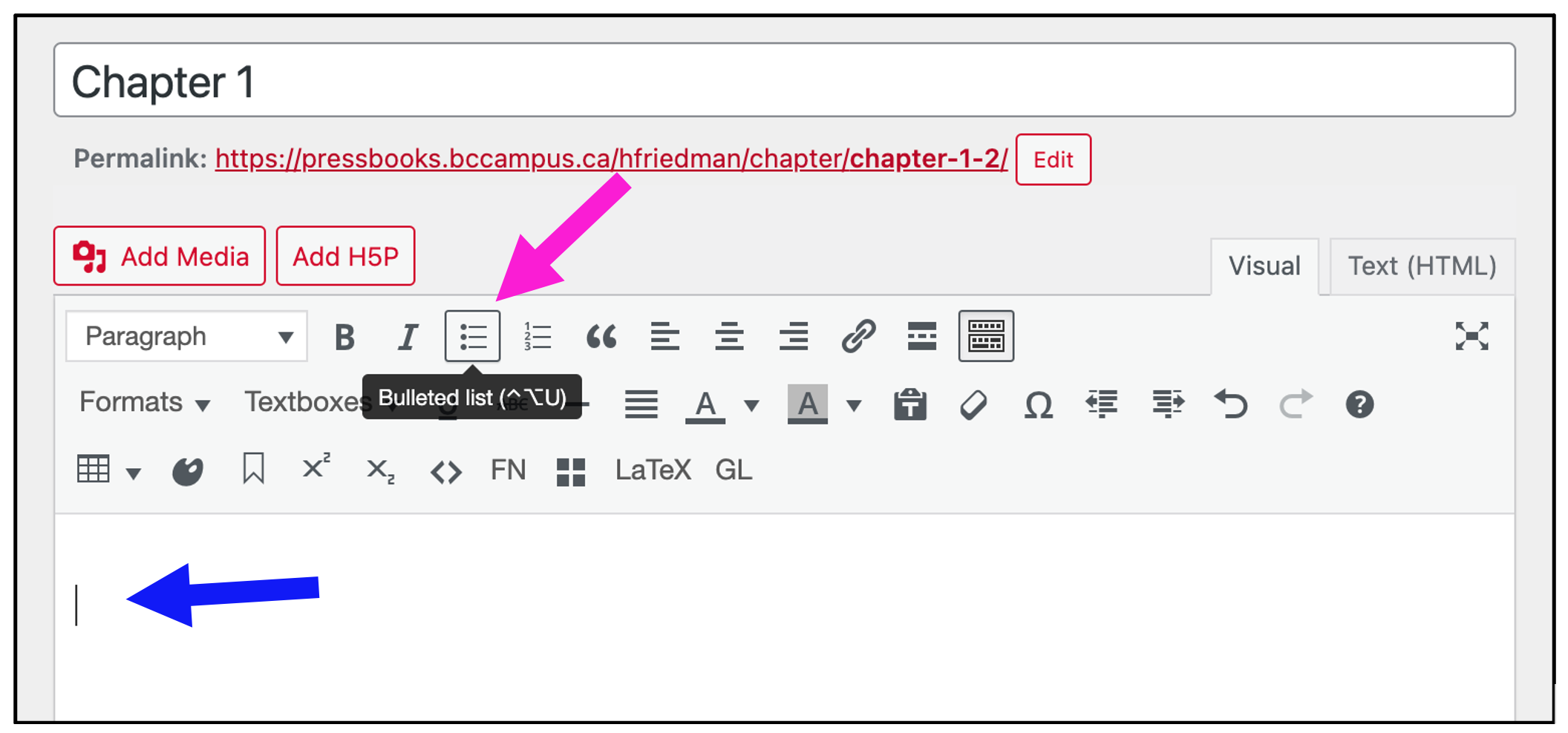 A screenshot showing the Pressbooks editor, showing the "Bulleted list" button in the toolbar, and where to type content in the WYSIWYG visual editor.