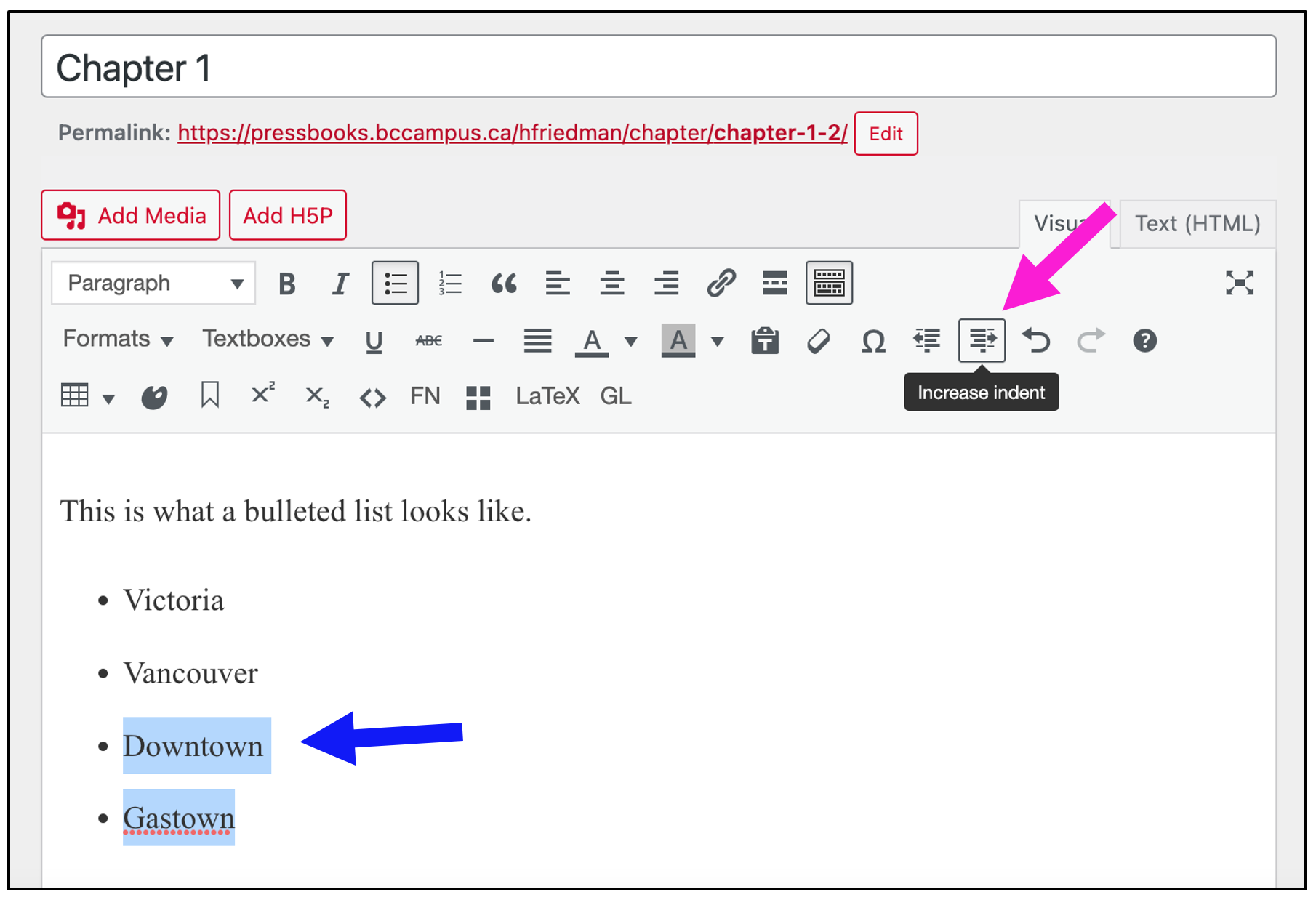A screenshot showing the Pressbooks editor, showing the "Increase indent" button in the toolbar, and some highlighted bullets in the WYSIWYG visual editor.