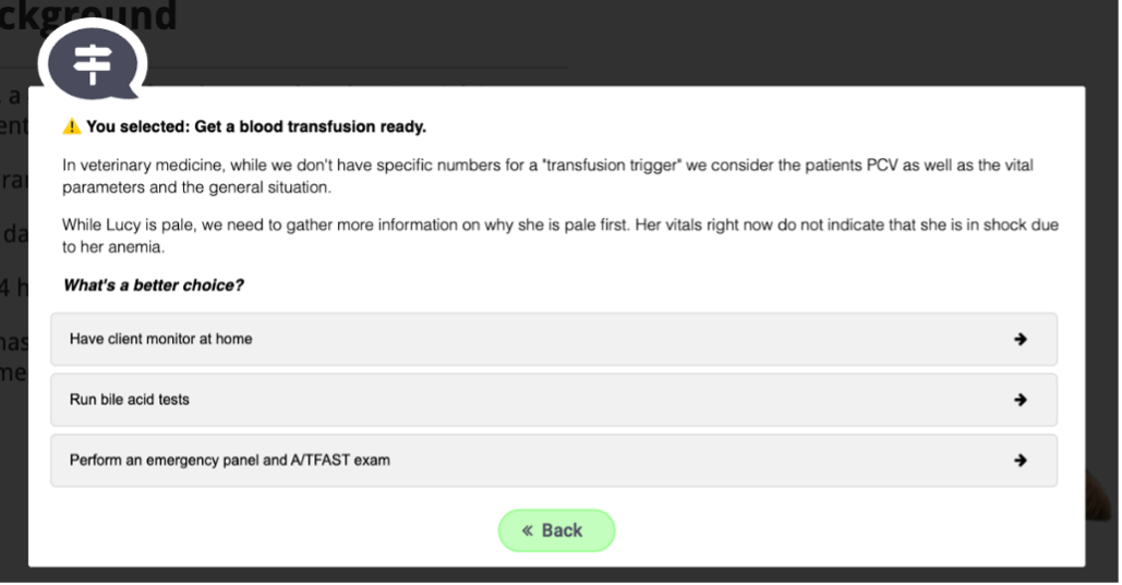 Picking the best solution for a blood transfusion: What's a better choice?Have client monitor at home Run bile acid tests Perform an emergency panel and A/TFAST exam