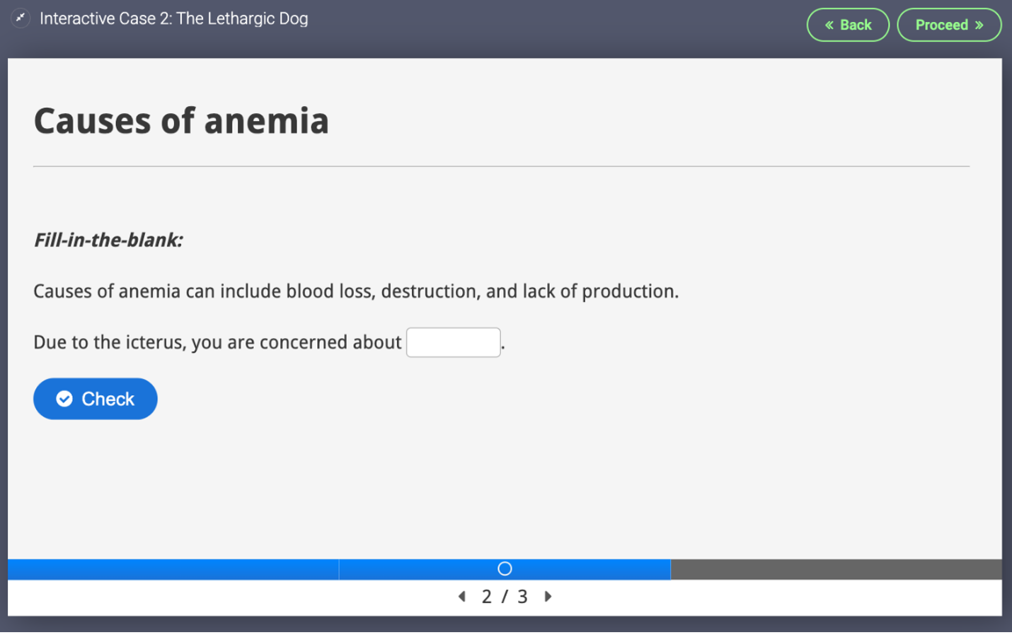 Learners can check their answer to a fill-in-the-blank question that asks: "Due to the icterus, you are concerned about what?"