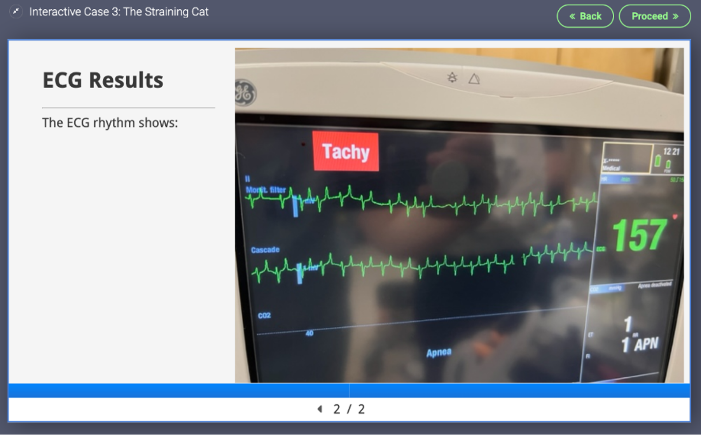 A scenario screen shows an ECG result, with a rhythm that says "tachy".