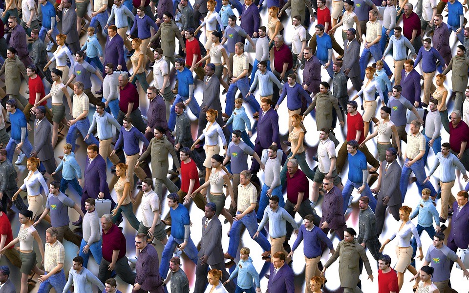 animated people walking in unison in a crowd