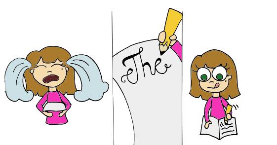 Comic of person crying with a blank page, then scribbling the word “the” in pretty letters followed by more writing.