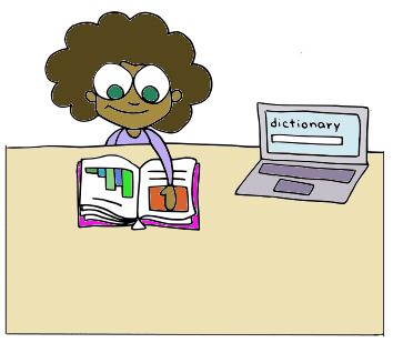 A person reading with a dictionary beside them.