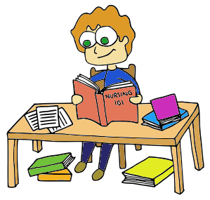 A person reading a text with a stack of other texts waiting to be read.