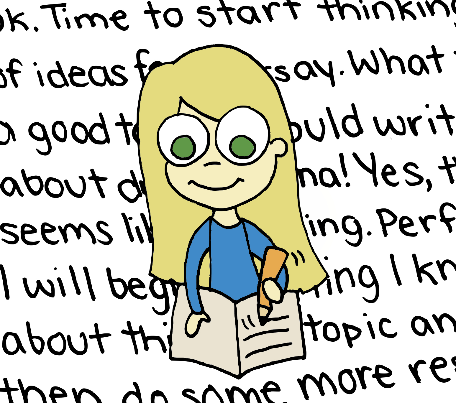 Random phrases in the background of a person frantically writing on paper