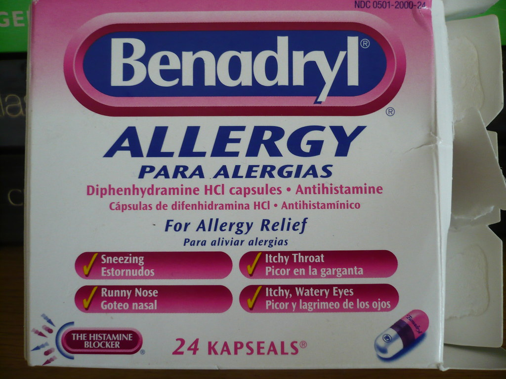 "Benadryl Allergy USA" by ZenBenjamin is licensed under CC BY-NC-SA 2.0 Photo of an opened package of Benadryl