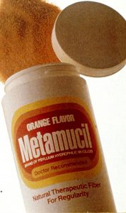 "Metamucil ad (cropped).jpg" by unknown is licensed under CC0 Photo of Metamucil, a OTC psyllium fiber suppliment