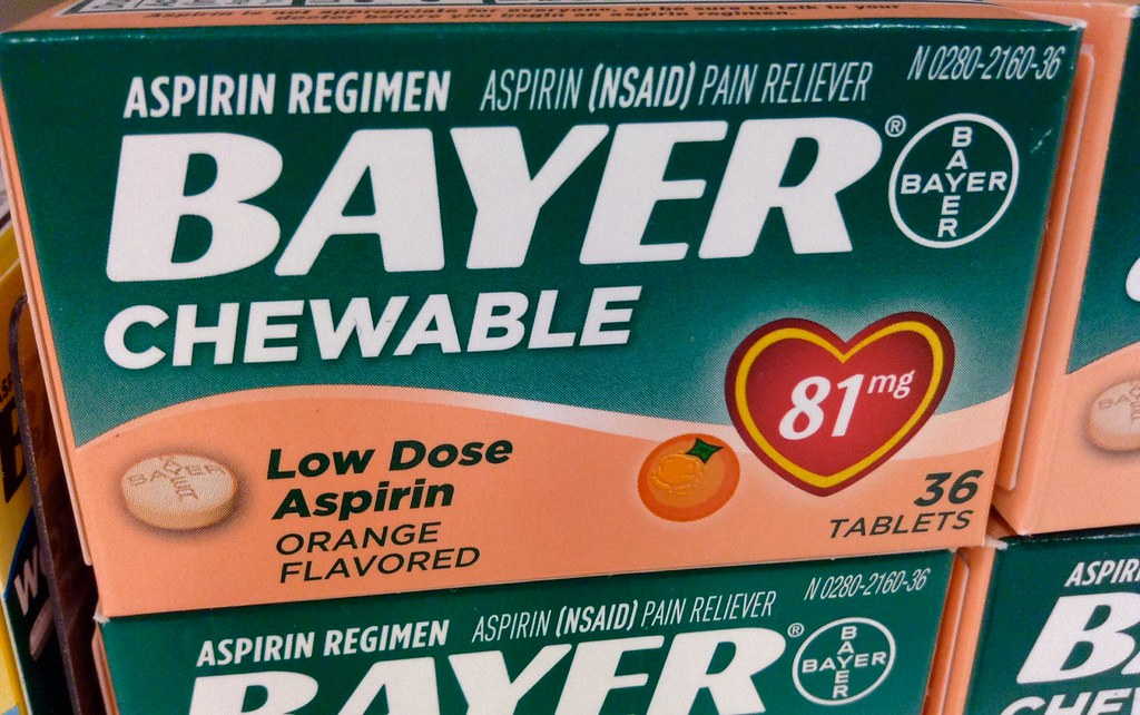 "Bayer Aspirin Low Dose" by Mike Mozart is licensed under CC BY 2.0 Photo showing closeup of Bayer brand aspirin package