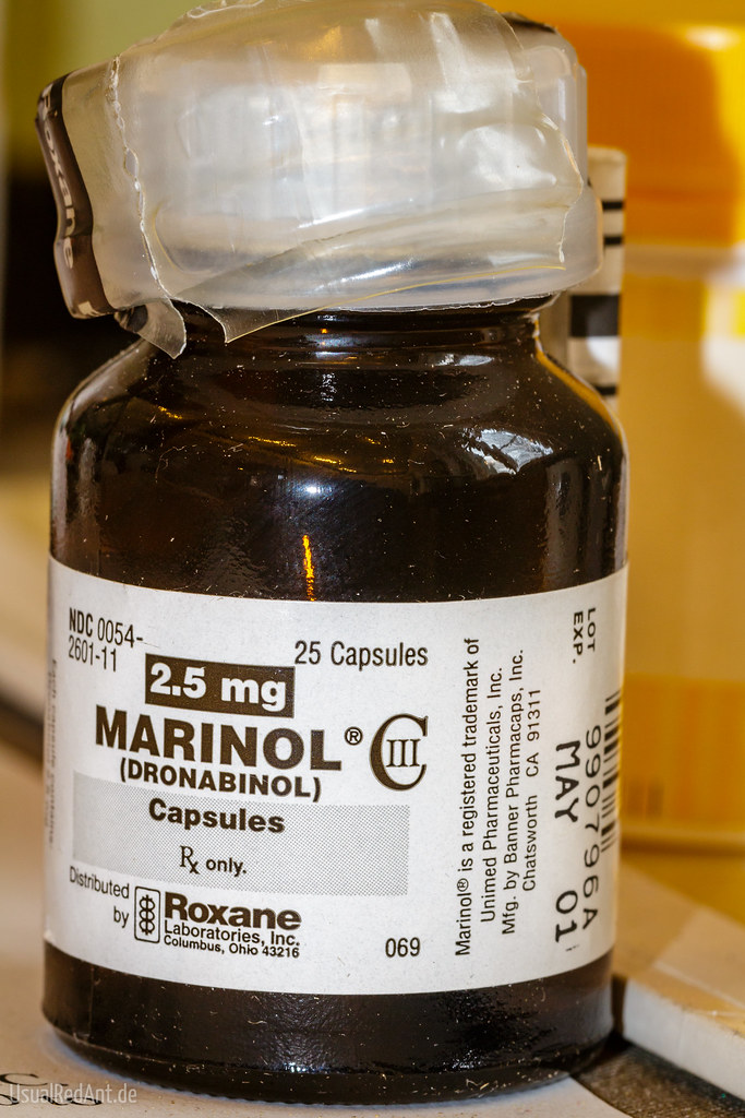 "Marinol - Dronabinol" by Steffen Geyer is licensed under CC BY-NC 2.0 Photo of Marinol capules bottle.