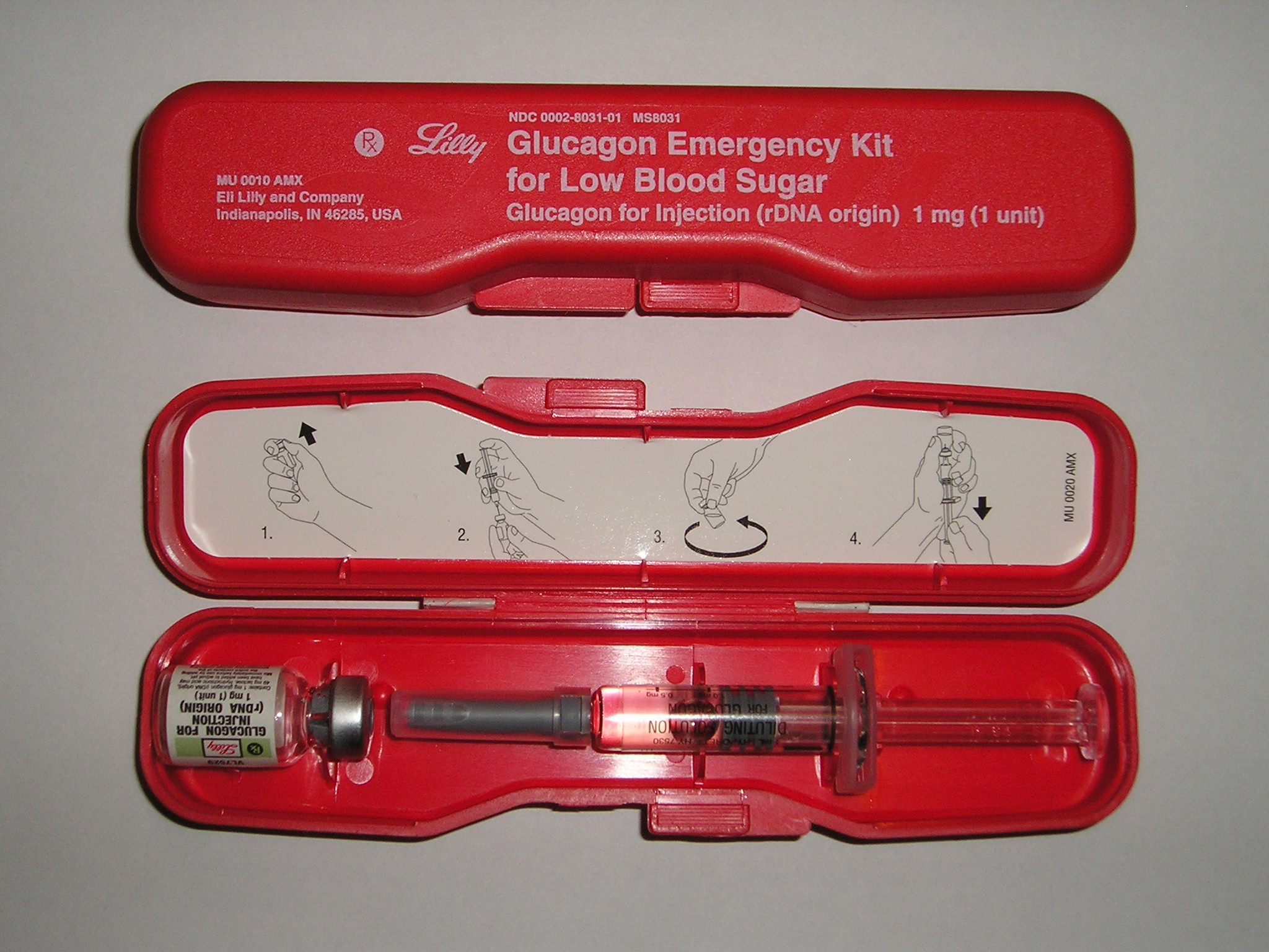 "Glucagon emergency rescue kit.JPG" by mbbradford is licensed under CC0 Photo showing emergency glucagon kit.