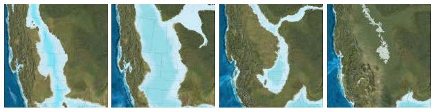 four images showing the opening, extend and regression of the Western Interior Seaway during the Cretaceous.