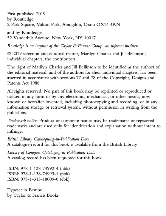Copyright page of an ebook. The resource citation is Creekpaum, S. (2019). Child development through play. In M. Charles & J. Bellinson (Eds.), The importance of play in early childhood education: Psychoanalytic, attachment, and developmental perspectives (pp. 11-18).