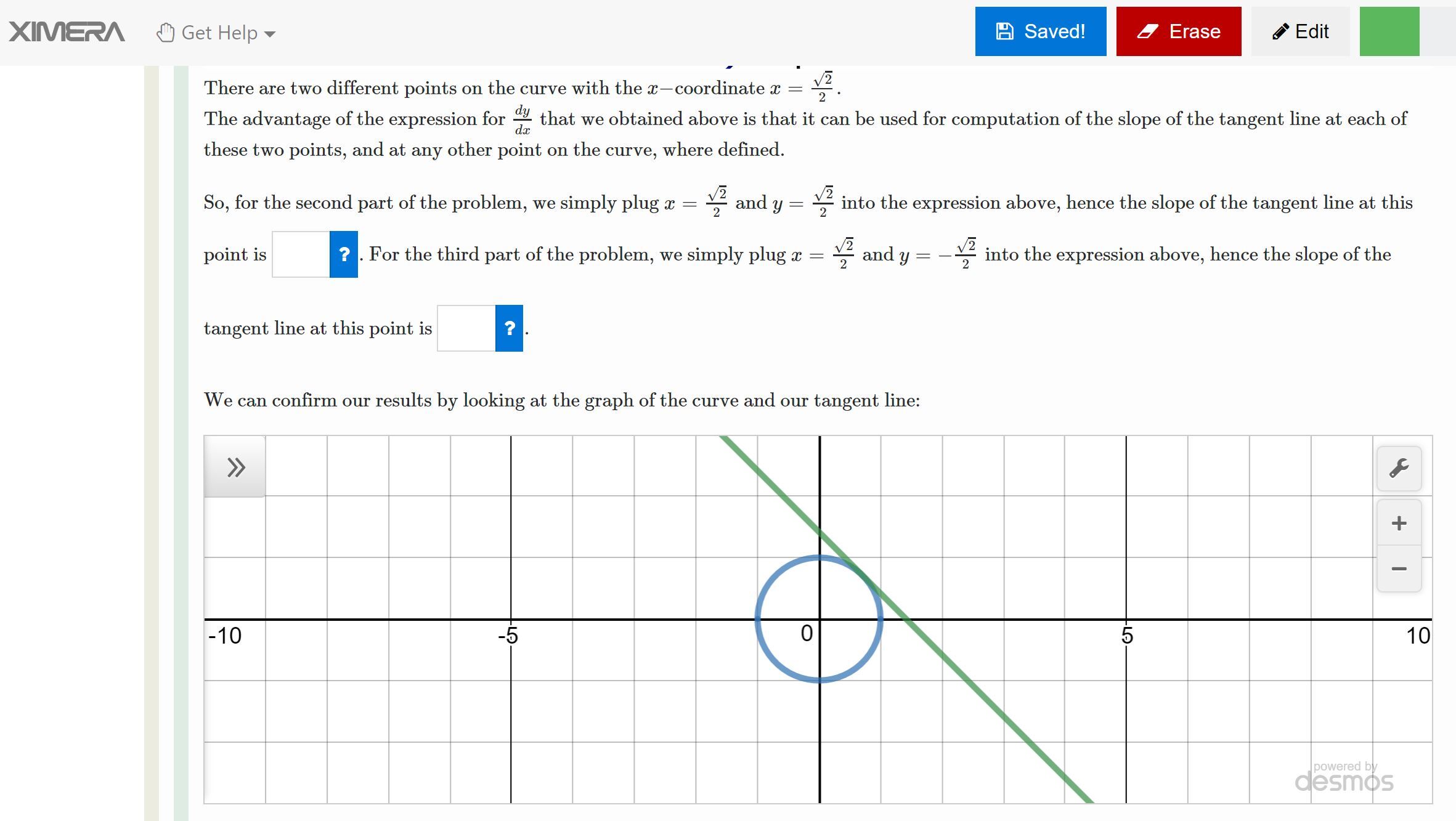 XIMERA screenshot with fill in the blank questions and graph of curve
