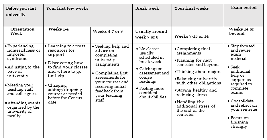 Table 1.2 Example overview of a semester and what you may be doing/experiencing in your first semester.