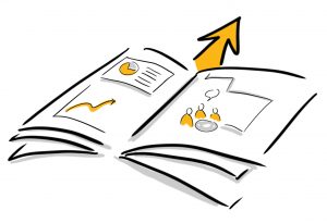 Arrow coming out of an open book with chart table and graphics