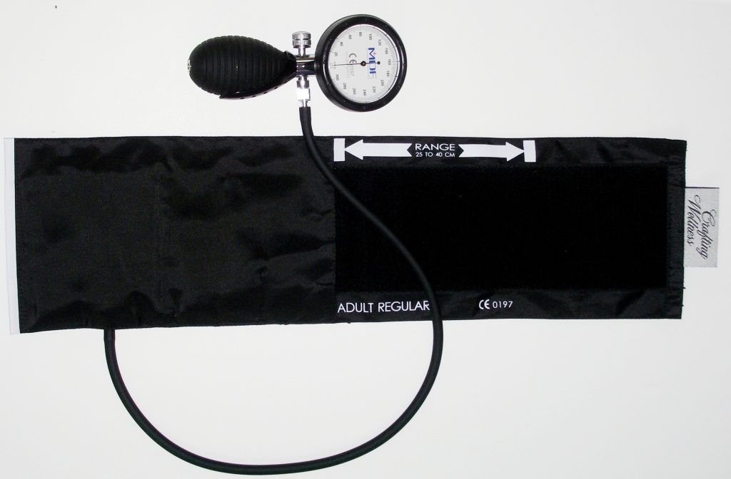 “Sphygmomanometer&Cuff.JPG” by ML5 is in the Public Domain Photo of sphygmomanometer