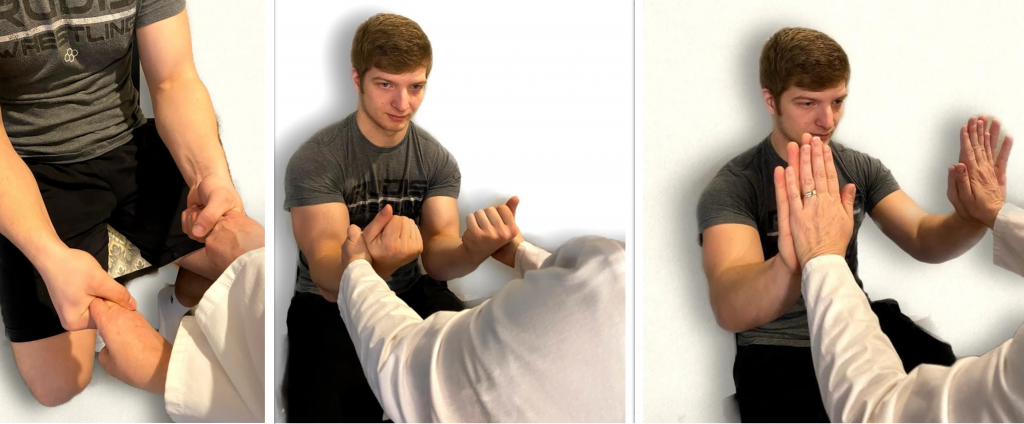 "Neuro Exam image 38.png","Neuro Exam image 41.png", and "Neuro Exam image 39.jpg"by Meredith Pomietlo for Chippewa Valley Technical College is licensed under CC BY 4.0 Photo showing a simulated patient being tested for upper extremity strength