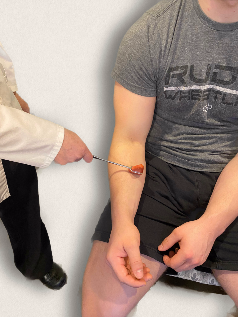 "Deep Reflex Exam image 4.png" by Meredith Pomietlo for Chippewa Valley Technical College is licensed under CC BY 4.0 Photo of nurse testing reflex of patient's forearm