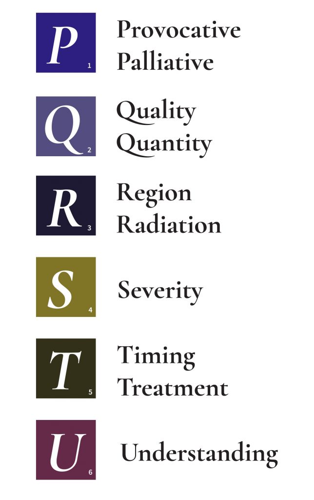 This work is a derivative of The Complete Subjective Health Assessment by Lapum, St-Amant, Hughes, Petrie, Morrell and Mistry licensed under CC BY-SA 4.0. Access for free at https://ecampusontario.pressbooks.pub/healthassessment/chapter/the-pqrstu-assessment/ Image showing P Q R S T U Mnuemonic