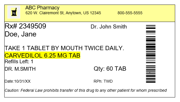 “Carvedilol Rx Bottle Label Fig. 5.PNG" by Jody Myhre-Oeschle, Chippewa Valley Technical College, Open RN is licensed under CC BY 4.0 Photo showing closeup of a label from a prescription of carvedilol