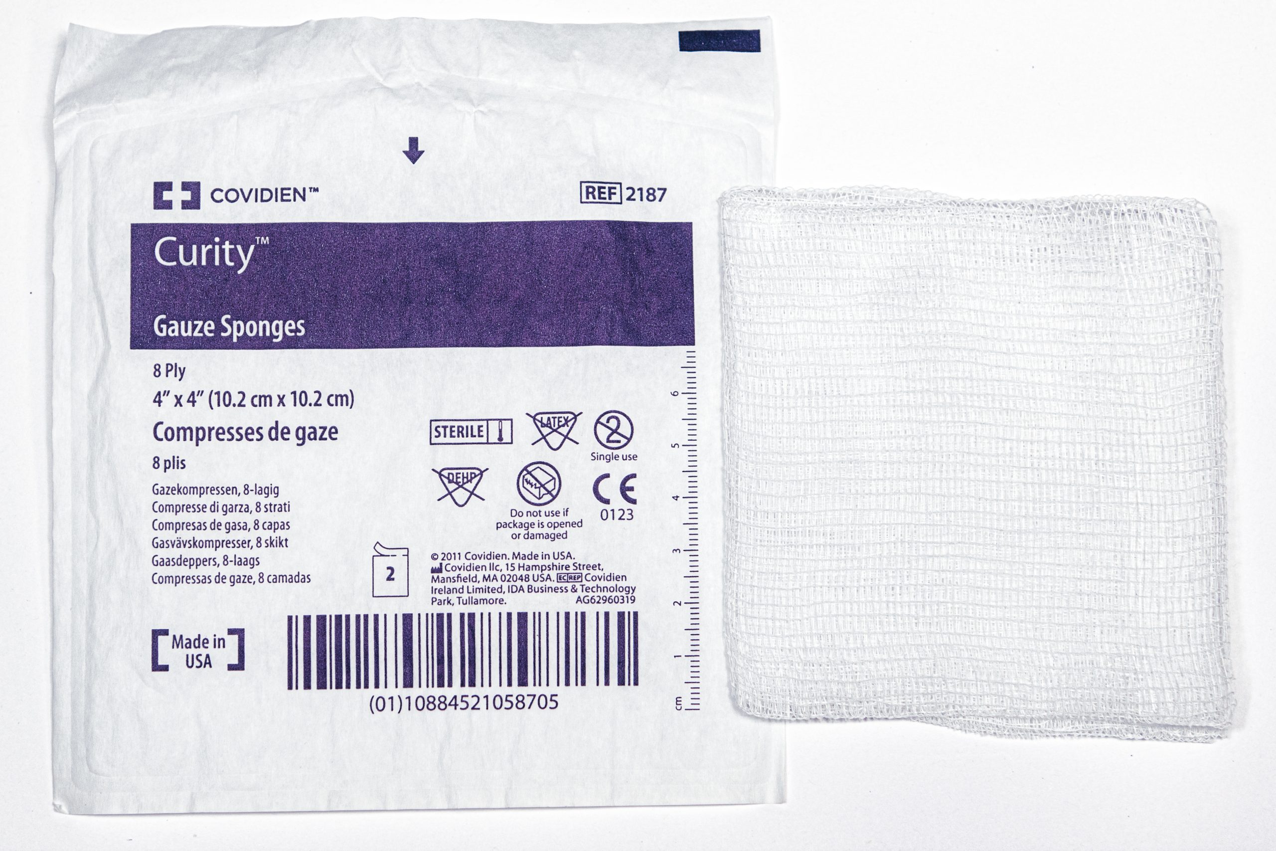 "Sterile 4x4 Dressing and Package 3I3A0330.jpg" by Deanna Hoyord, Chippewa Valley Technical College is licensed under CC BY 4.0 Photo showing a sterile gauze and packaging