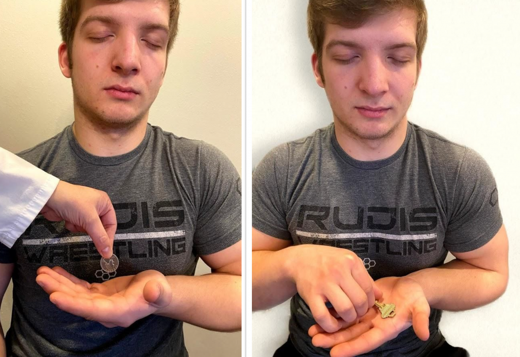 " Neuro Exam image 8.png" and "Neuro Exam Image 31.png"by Meredith Pomietlo for Chippewa Valley Technical College is licensed under CC BY 4.0 Photo showing male patient demonstrating the stereognosis test with both a coin and a key