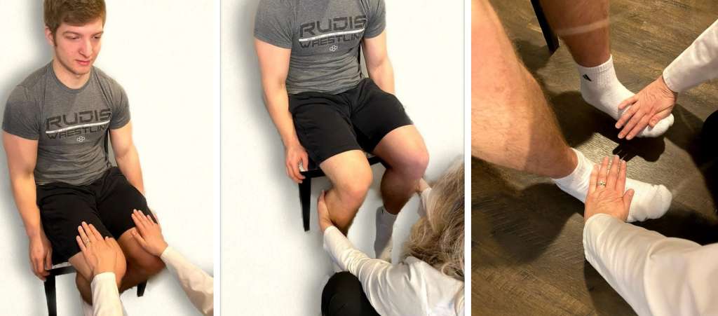 "Musculoskeletal Exam image 2.png", "Neuro Exam image 6.png", and "Musculoskeletal Exam Image 7.png"by Meredith Pomietlo for Chippewa Valley Technical College is licensed under CC BY 4.0 Photo showing three assessments for equal strength in lower extremities