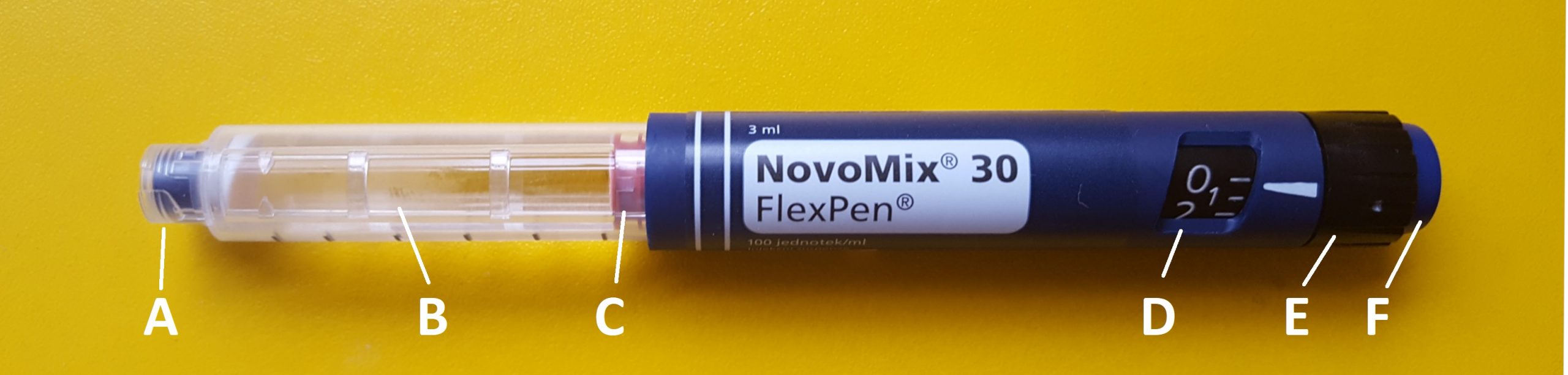 “Insulin_pen_(labeled).jpg” by User:Wesalius is licensed under CC BY 4.0 Photo showing closeup of insulin pen, with labels