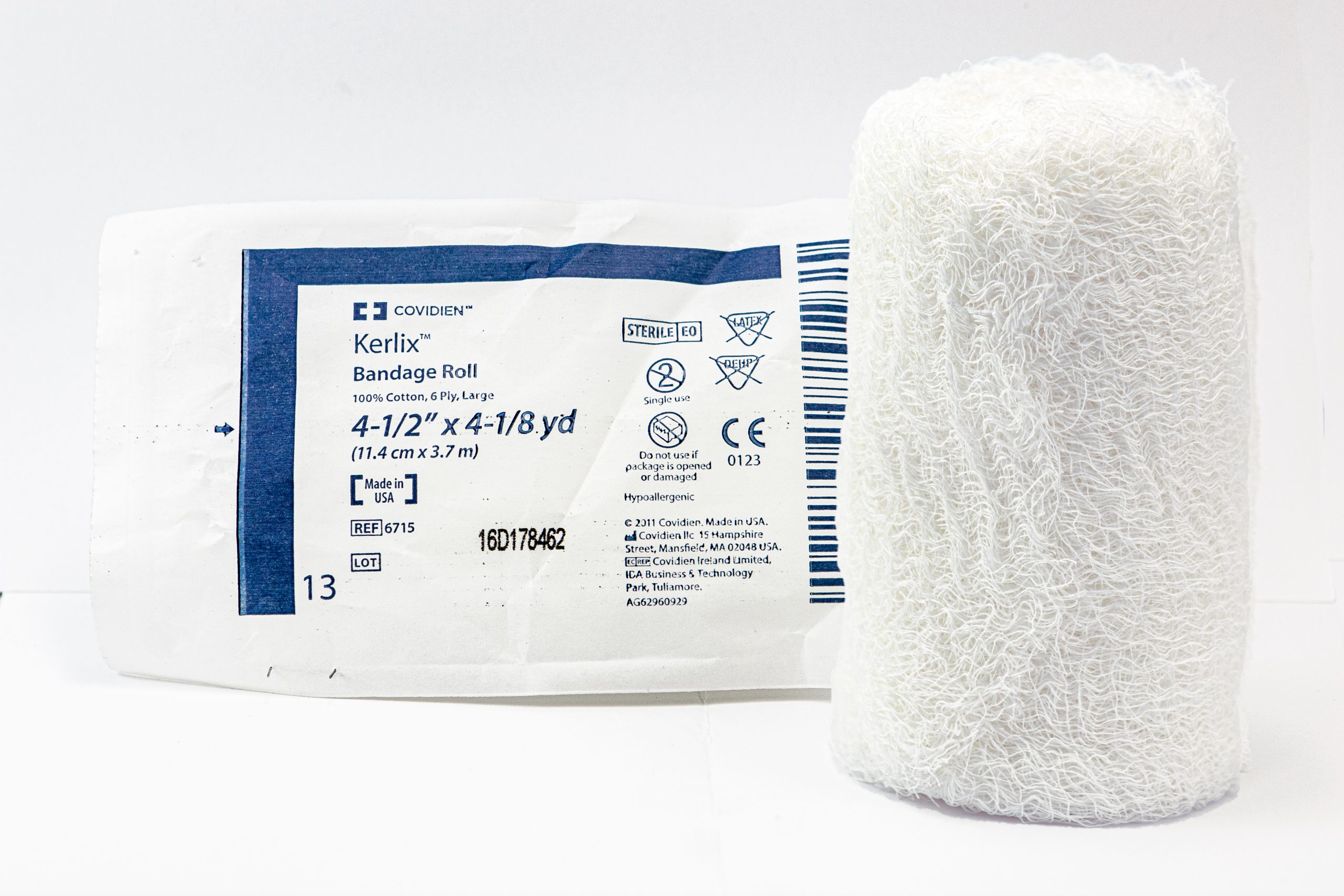 "Kerlix with Package 3I3A0365.jpg" by Deanna Hoyord, Chippewa Valley Technical College is licensed under CC BY 4.0 Photo showing Kerlix bandage roll and packaging