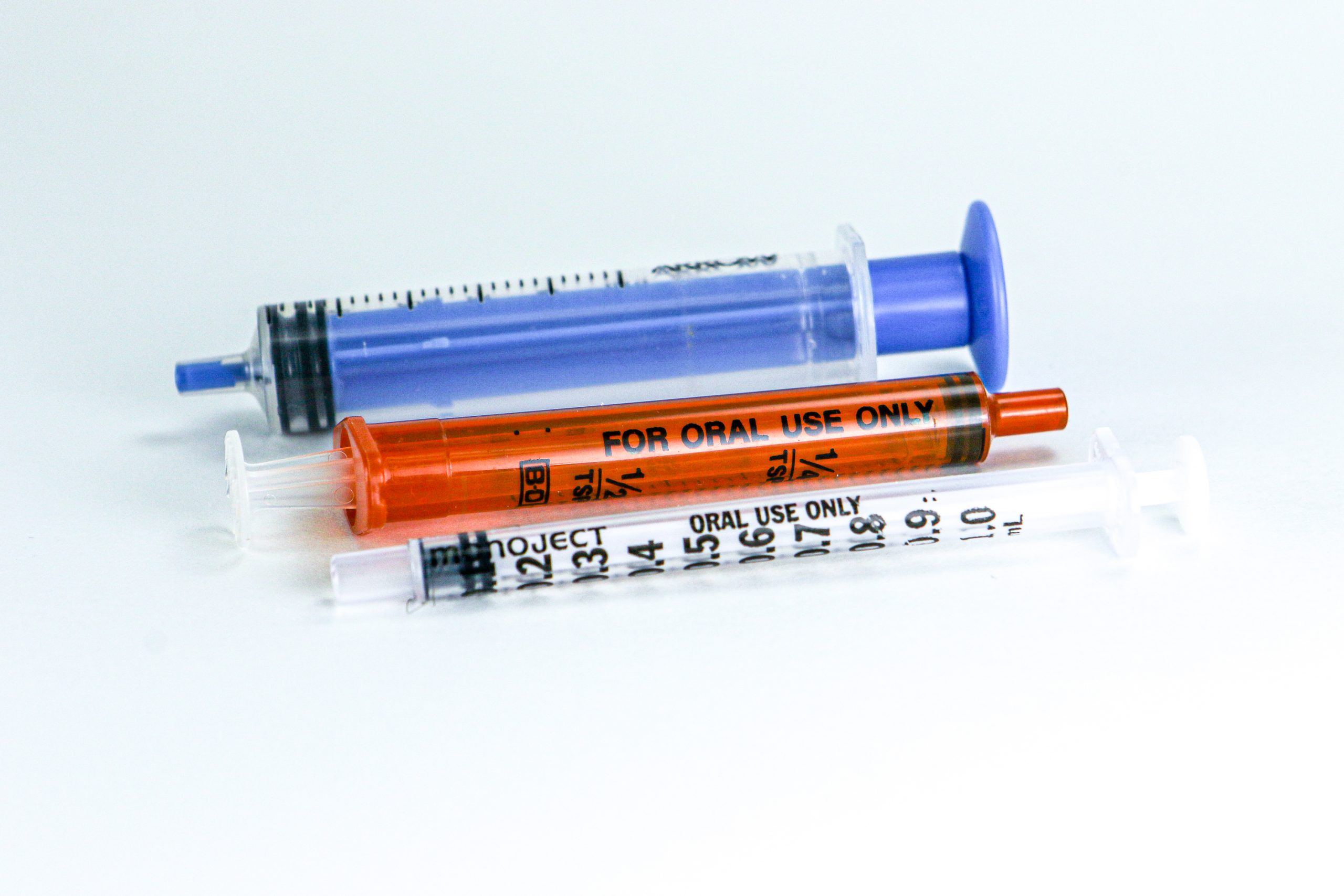 “Oral Syringes 3I3A0820.jpg" by Deanna Hoyord, Chippewa Valley Technical College is licensed under CC BY 4.0 Photo showing closeup of three different sizes of oral syringes