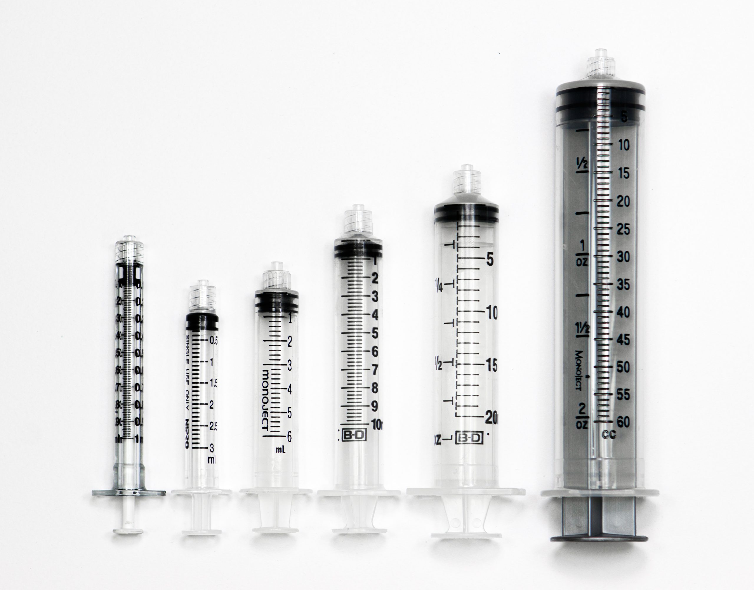 “Syringes 3I3A0446.jpg" by Deanna Hoyord, Chippewa Valley Technical College is licensed under CC BY 4.0 Photo showing six syringes, of various sizes