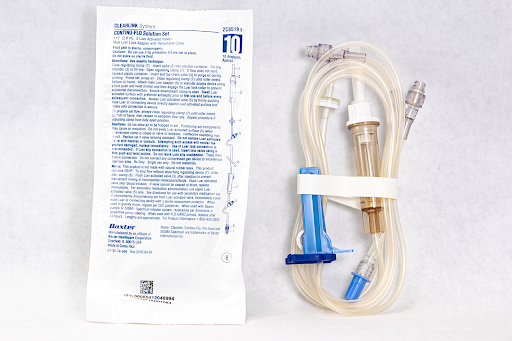 “Macrodrip Tubing” by Deanna Hoyord, Chippewa Valley Technical College is licensed under CC BY 4.0 Photo showing macrodrop tubing and packaging