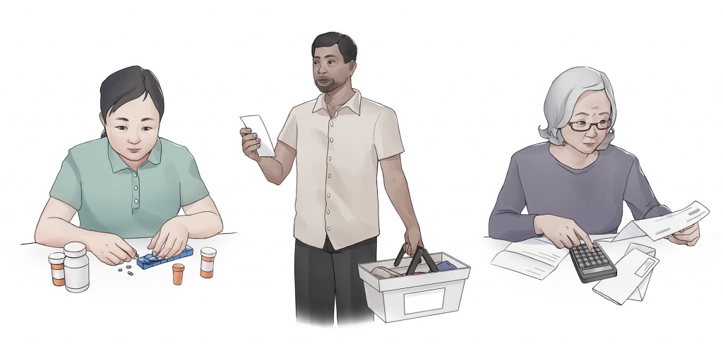 "iADL-1024x494.jpg" by unknown is licensed under CC BY-SA 4.0. Access for free at https://ecampusontario.pressbooks.pub/healthassessment/chapter/functional-health/. Illustration showing three people performing Instrumental activities of daily living